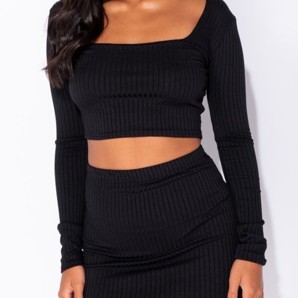 Kacy Black Rib Knit Crop Top & Midi Skirt Set - Picture 6 of 12